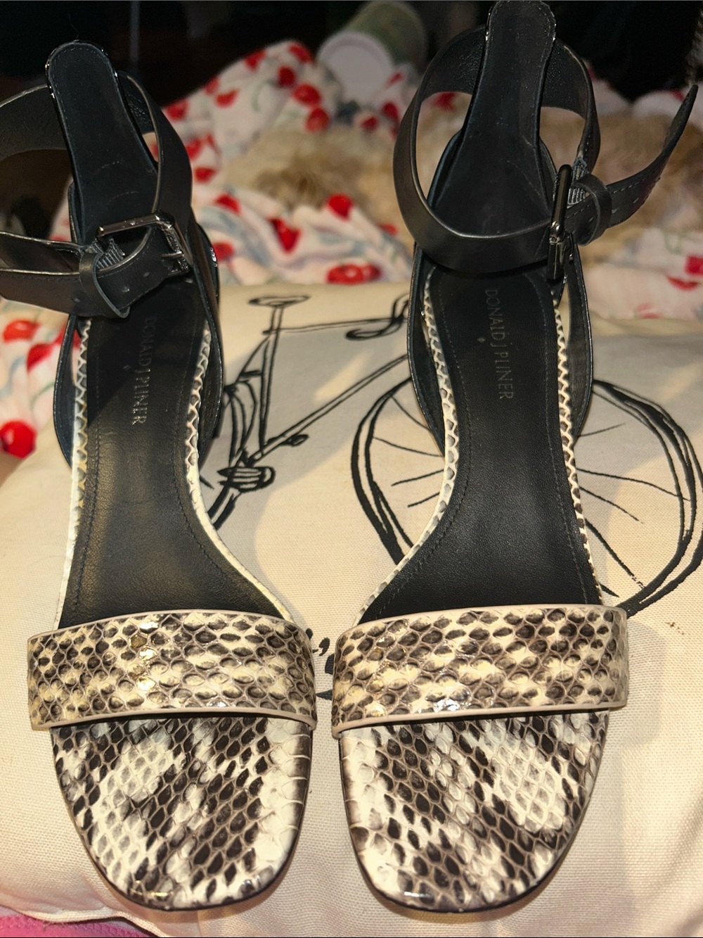 Donald J. Pliner Black & Snake-Print Leather Heeled Sandals